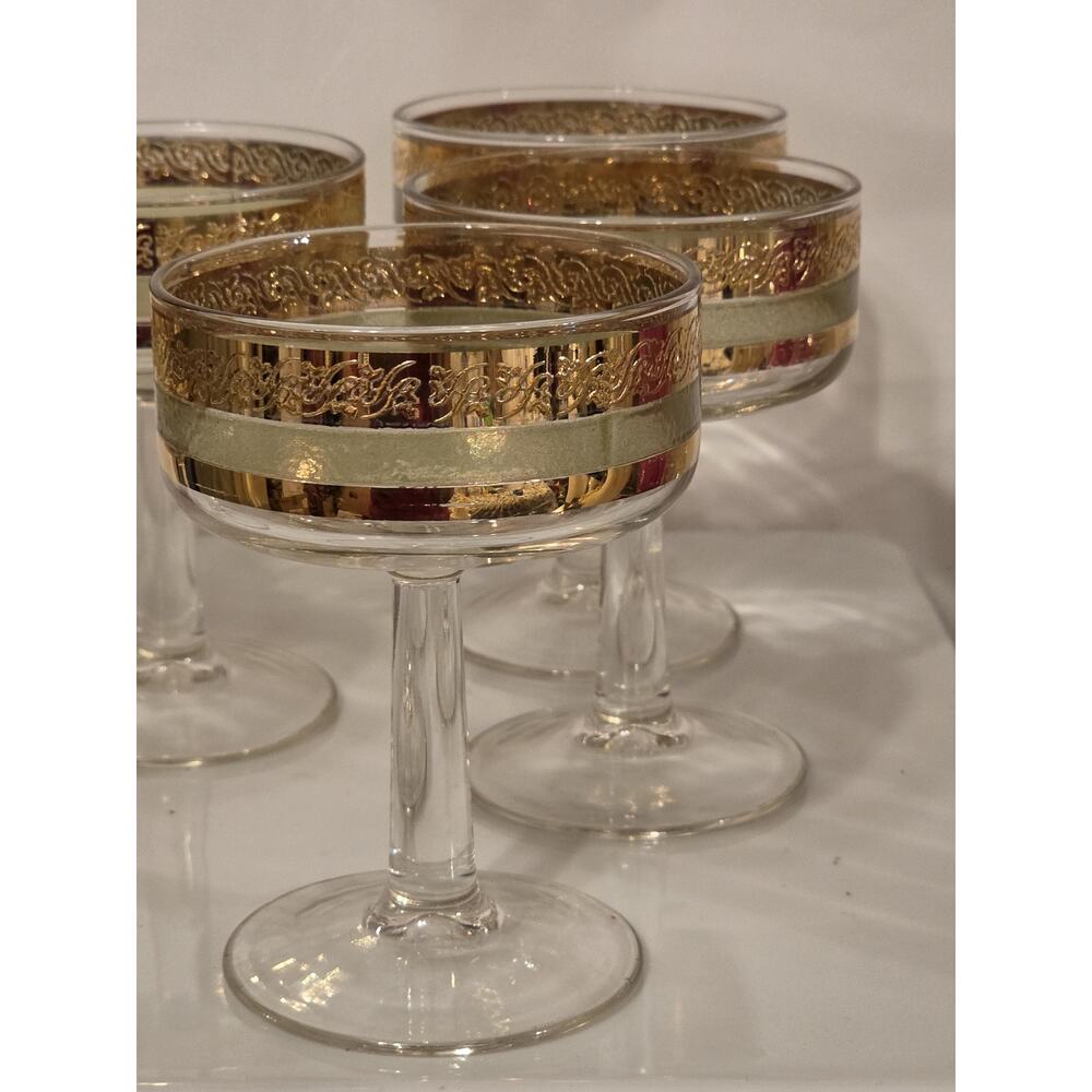 Vtg Set of 6 Gold Encrusted Champagne Coupes Green &Gold Filigree Sherbet Wine